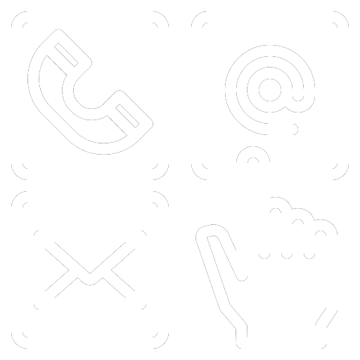 Ikona kontaktów, w lewej górnej części symbol telefonu, w prawej górnej części znak @, w lewej dolnej części symbol koperty, w prawej dolnej części symbol kursora myszy.