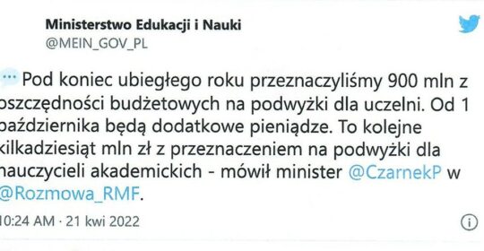 Komunikat RSWiN ZNP w sprawie tweetu MEiN z 21.04.2022